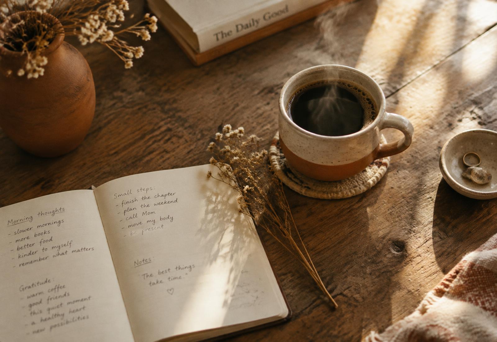 Koffie en een open notitieboek op een warme houten tafel in ochtendlicht